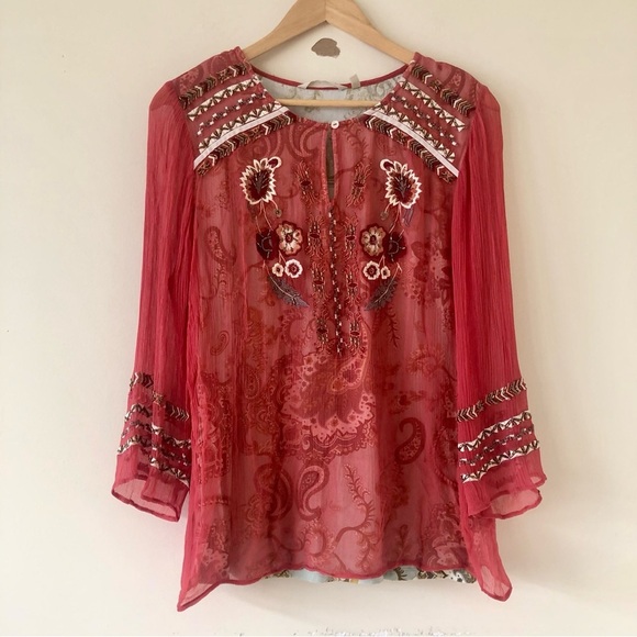 Soft Surroundings Tannon Embroidered Beaded Blouse Size Medium - Picture 2 of 9
